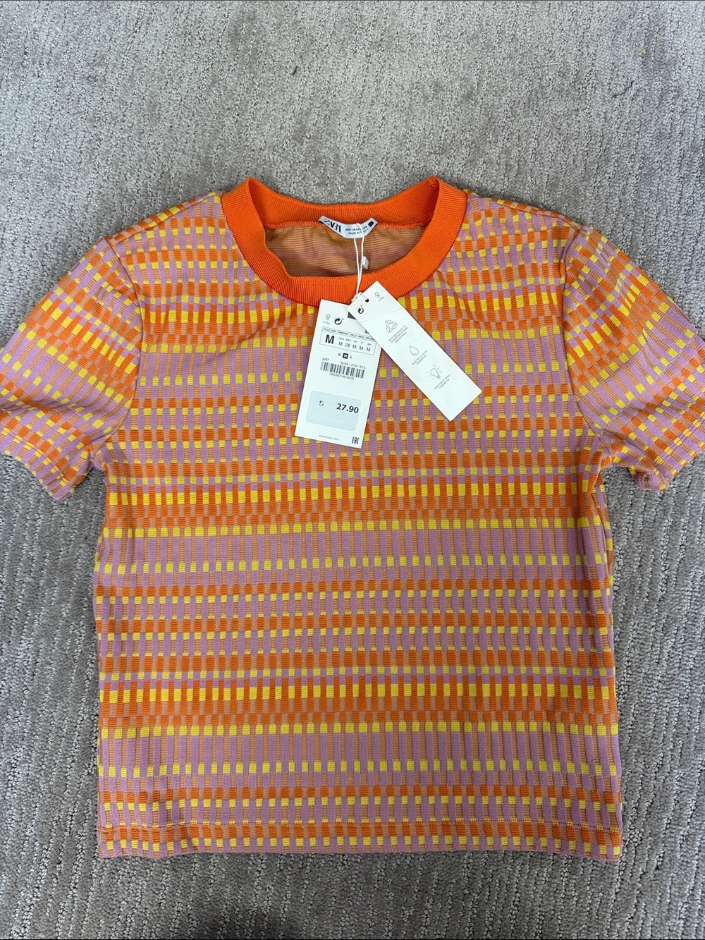 Zara Orange and Pink Patterned Short Sleeve Knit Tee